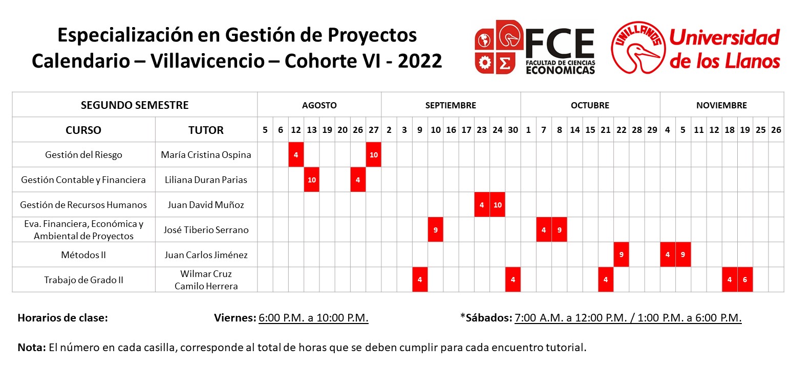 Calendario Villavicencio Segundo Semestre